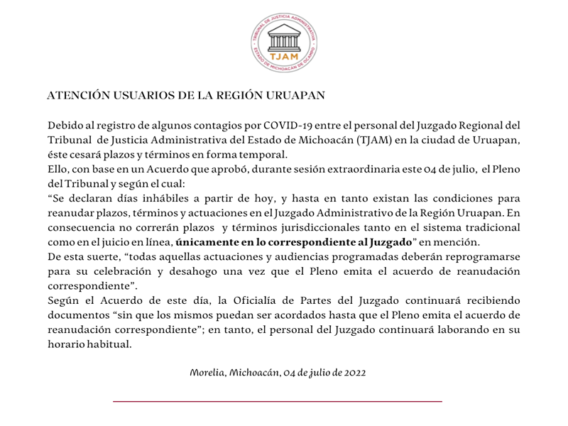 Suspende plazos y términos Juzgado de Uruapan